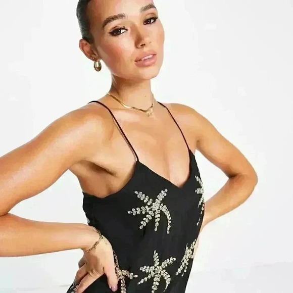 NEW Bonheur D’amour Black gold Embroidered Chiffon Slip Dress Women’s  Large NWT - Picture 2 of 12